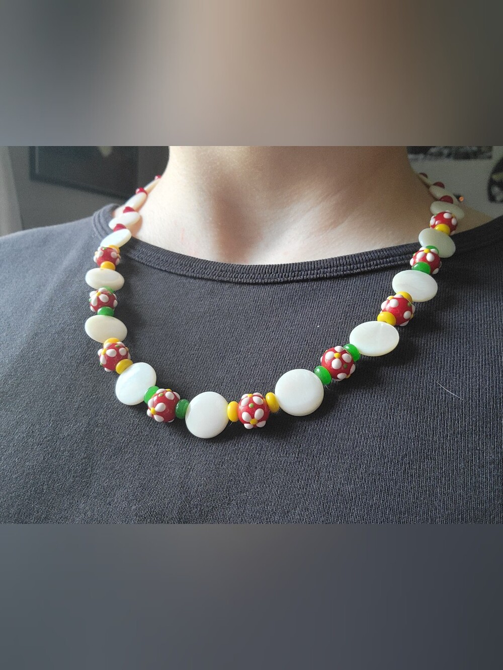 Artisan Necklace W/ Clasp, Extension Chain, Red Millefiore, White MOP Beads